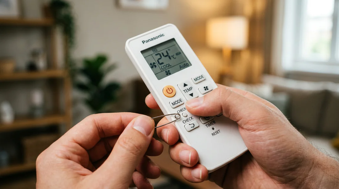 Appui sur le bouton CHECK de la télécommande Panasonic avec une pointe