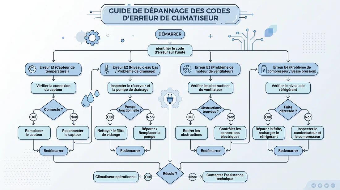 Schéma d'étapes de dépannage pour code panne climatisation