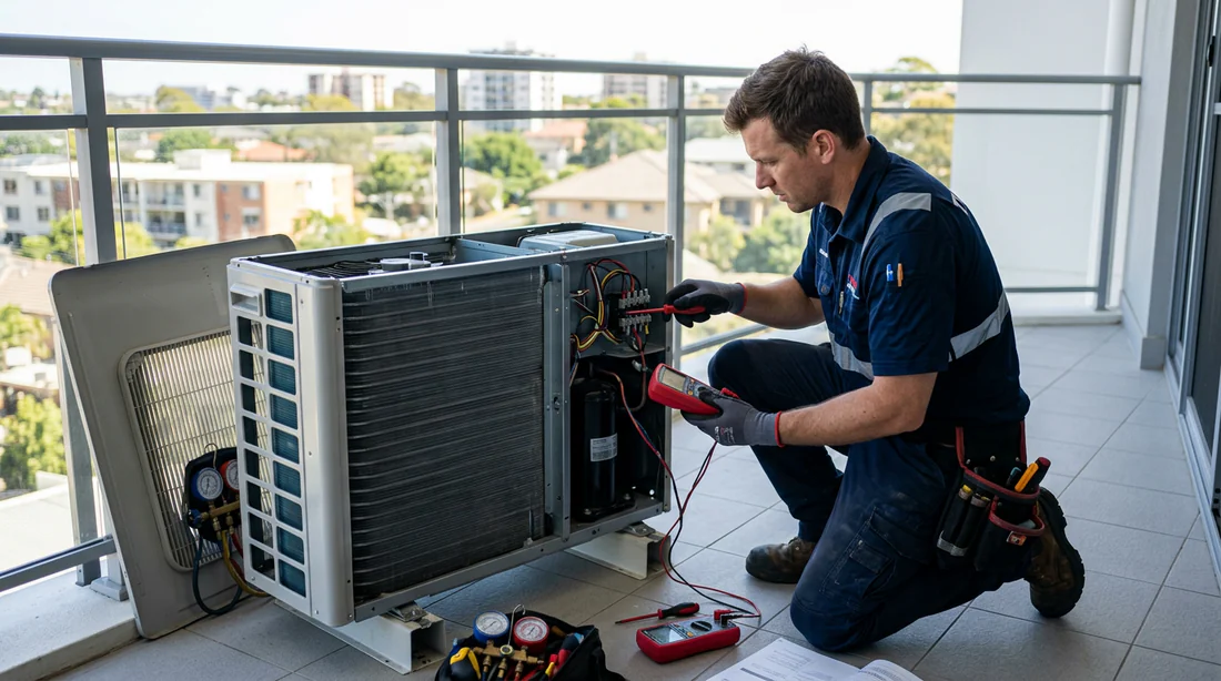 Inspection de l'unité extérieure de climatisation par un professionnel
