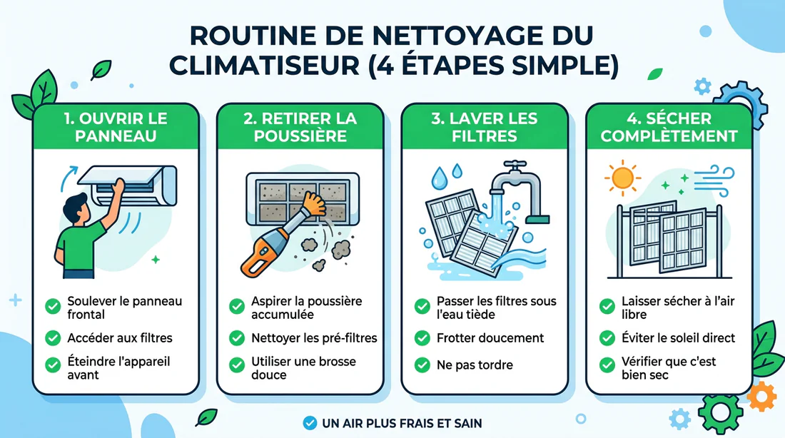 Infographie synthétique sur les étapes de nettoyage de la climatisation