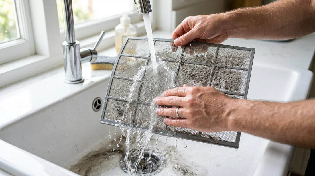 Rinçage du filtre à air de climatiseur sous l'eau courante