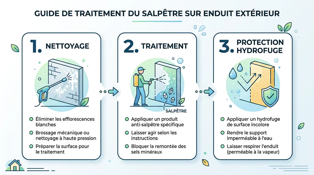 Infographie explicative des étapes de traitement du salpêtre sur un crépi extérieur.