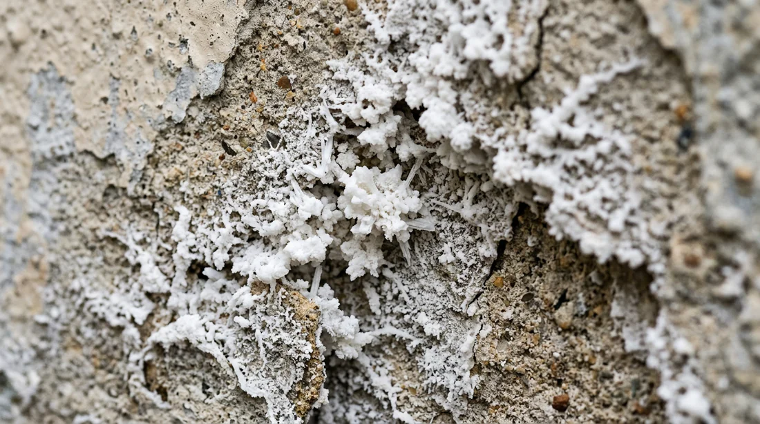 Gros plan sur les dépôts de salpêtre blanc effritant le crépi d'un mur extérieur.