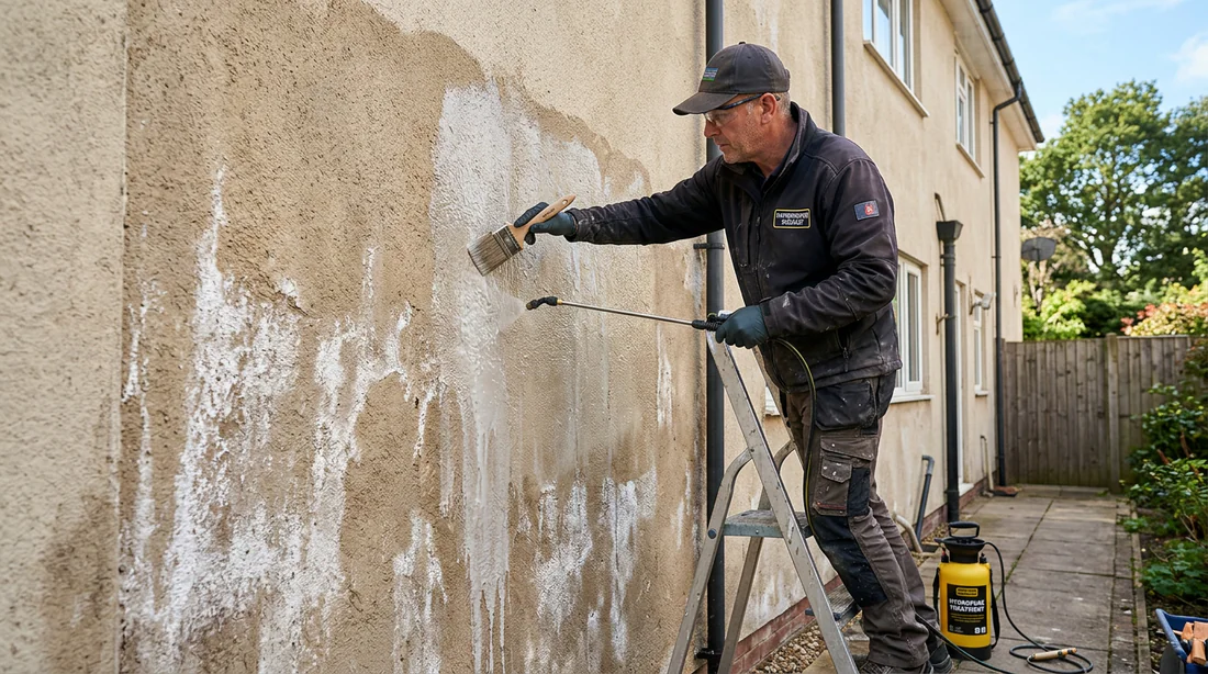 Application d'un traitement hydrofuge et anti-salpêtre sur un crépi de façade.