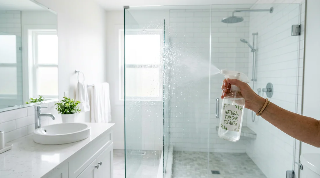Vaporisation de vinaigre d'alcool sur une paroi de douche en verre pour faire disparaître les traces de calcaire.