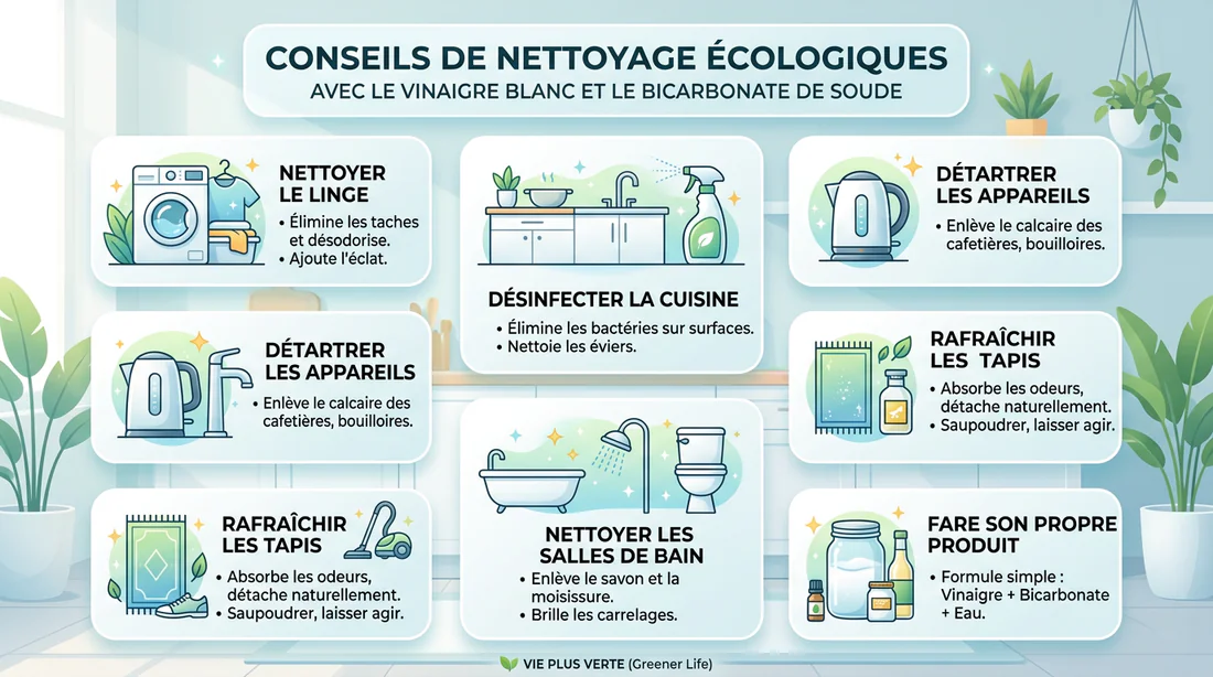 Infographie expliquant les bonnes pratiques et associations pour utiliser le vinaigre d'alcool.