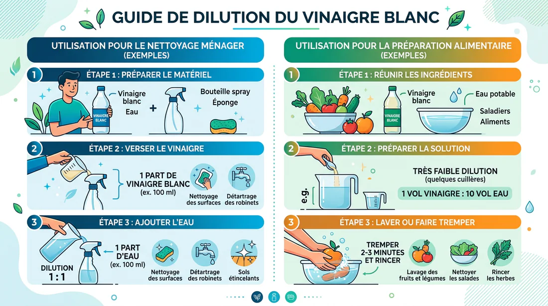 Infographie expliquant comment doser le vinaigre blanc selon l'utilisation