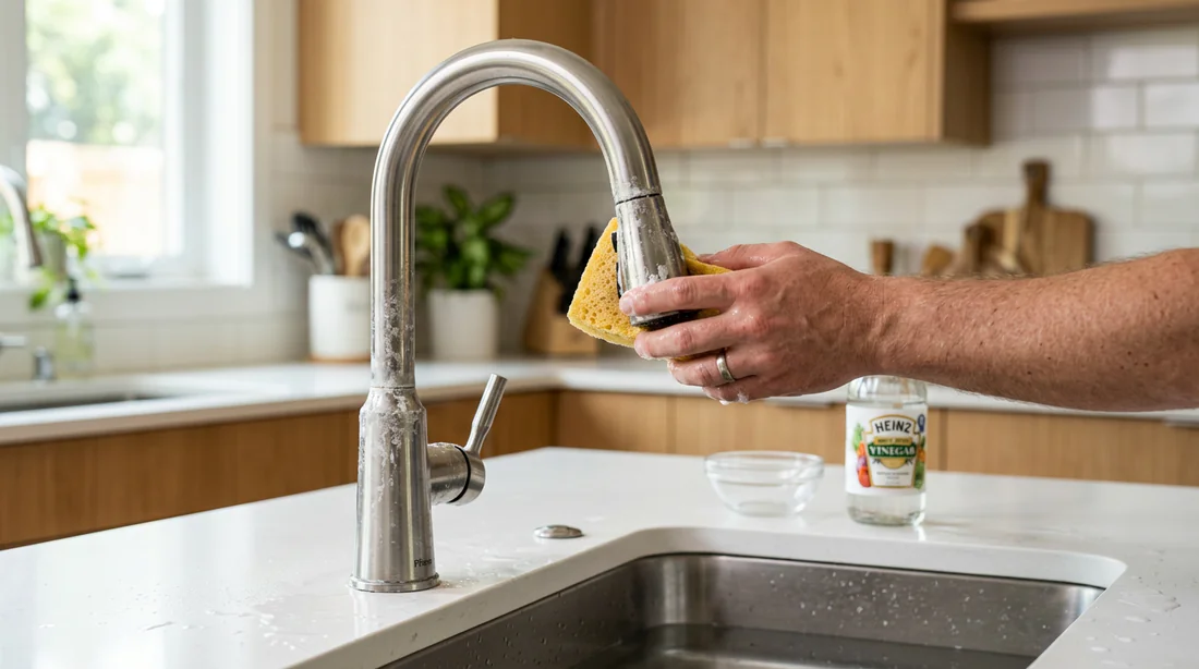 Détartrage d'un robinet de cuisine avec du vinaigre blanc