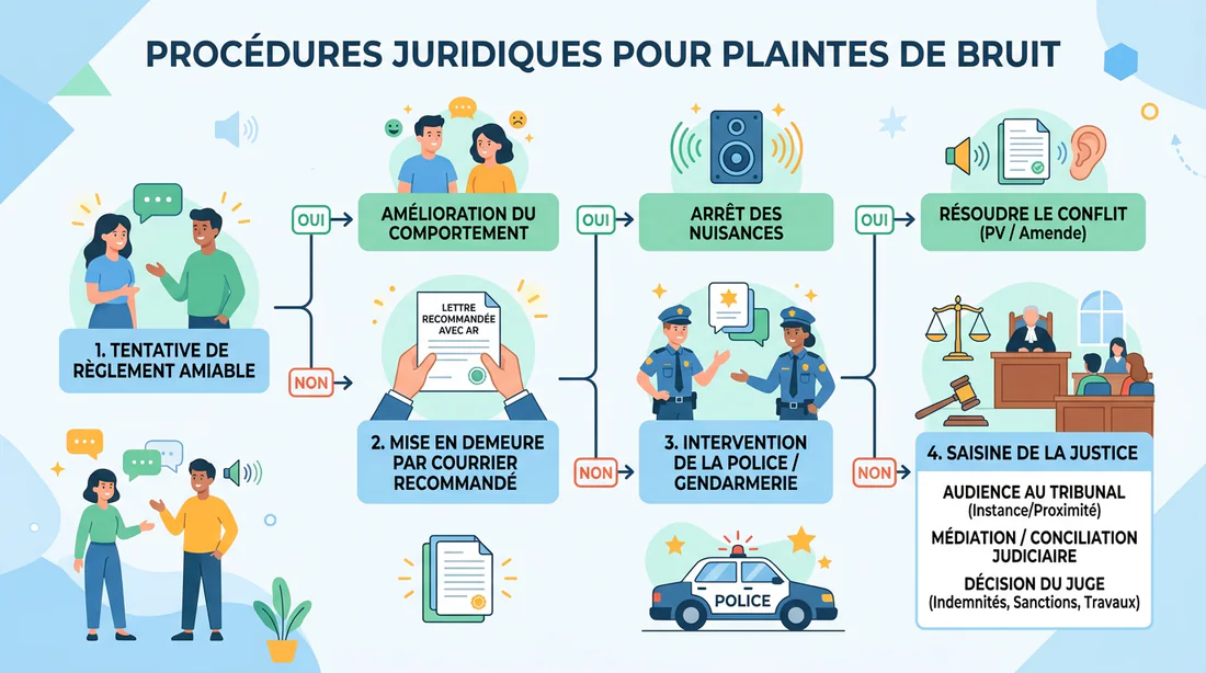 Infographie récapitulative des étapes juridiques pour faire cesser le tapage