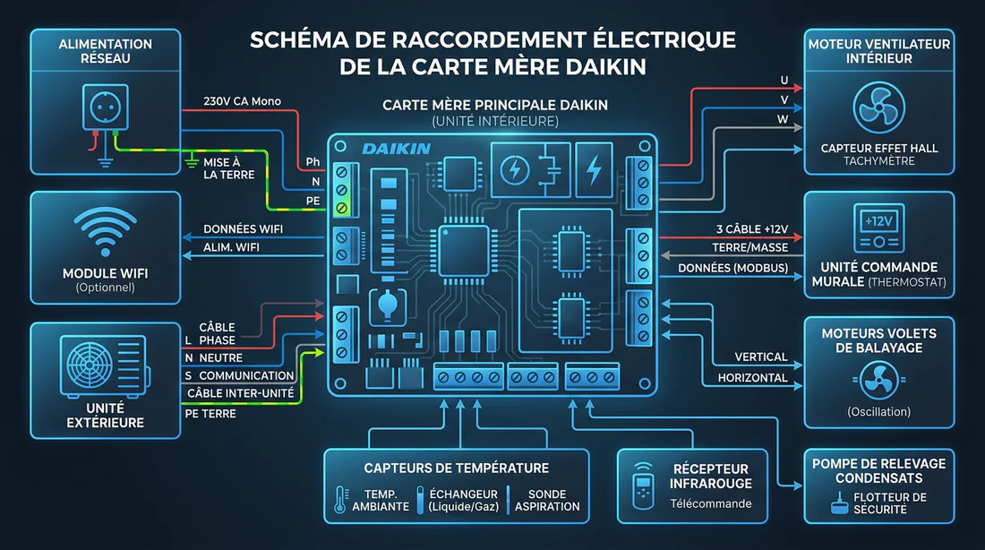 Schéma de câblage électrique pour le branchement d'une carte Daikin