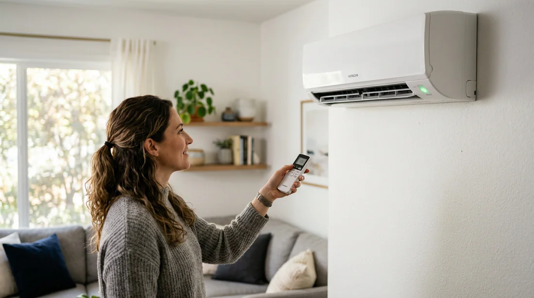 Utilisation d'une télécommande face à un climatiseur mural Hitachi au voyant clignotant