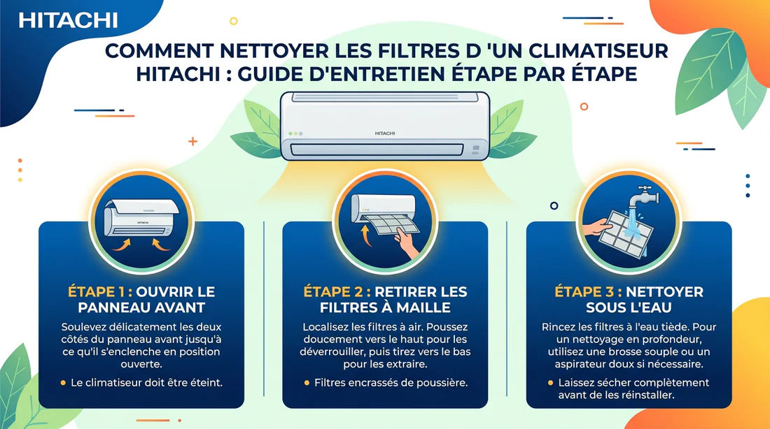 Schéma explicatif du nettoyage des filtres à air d'un climatiseur Hitachi