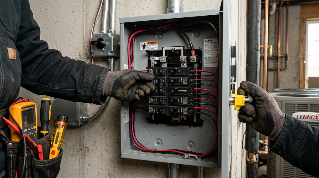 Technicien effectuant la réinitialisation électrique du disjoncteur d'une climatisation