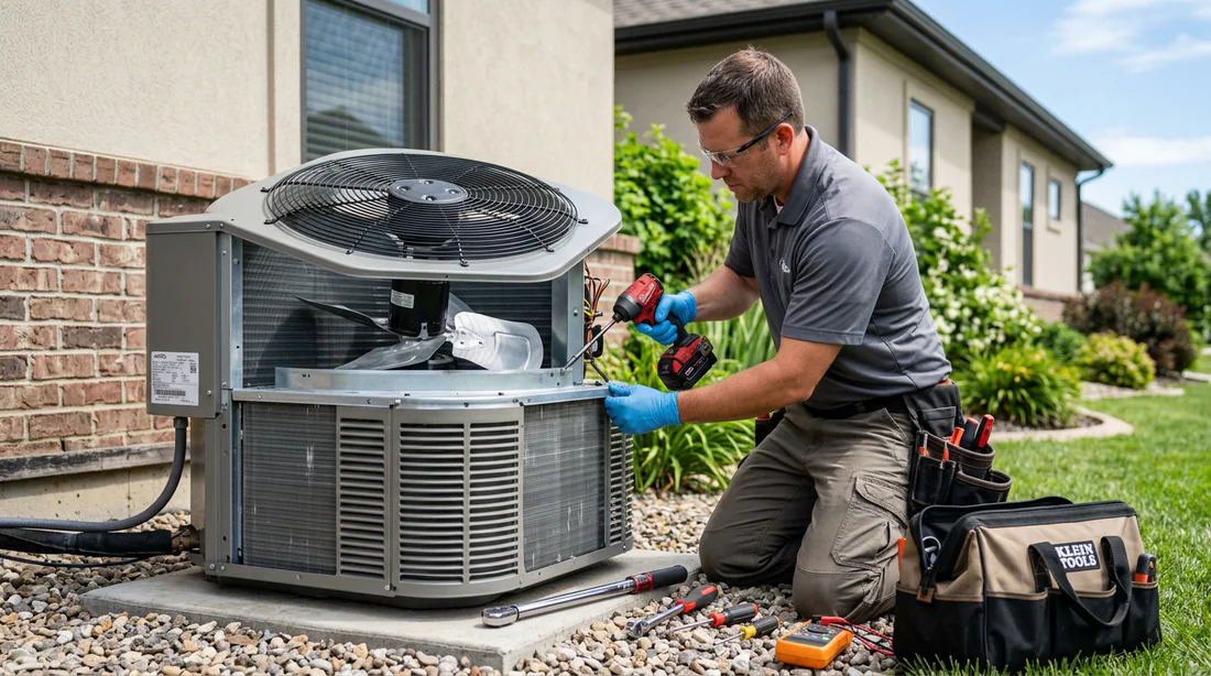 Technicien de maintenance contrôlant les fixations et l'hélice d'un climatiseur extérieur