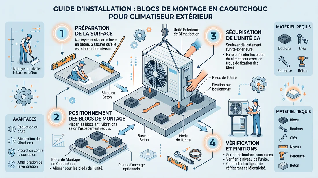Schéma explicatif de l'installation de plots de climatisation sur dalle en béton