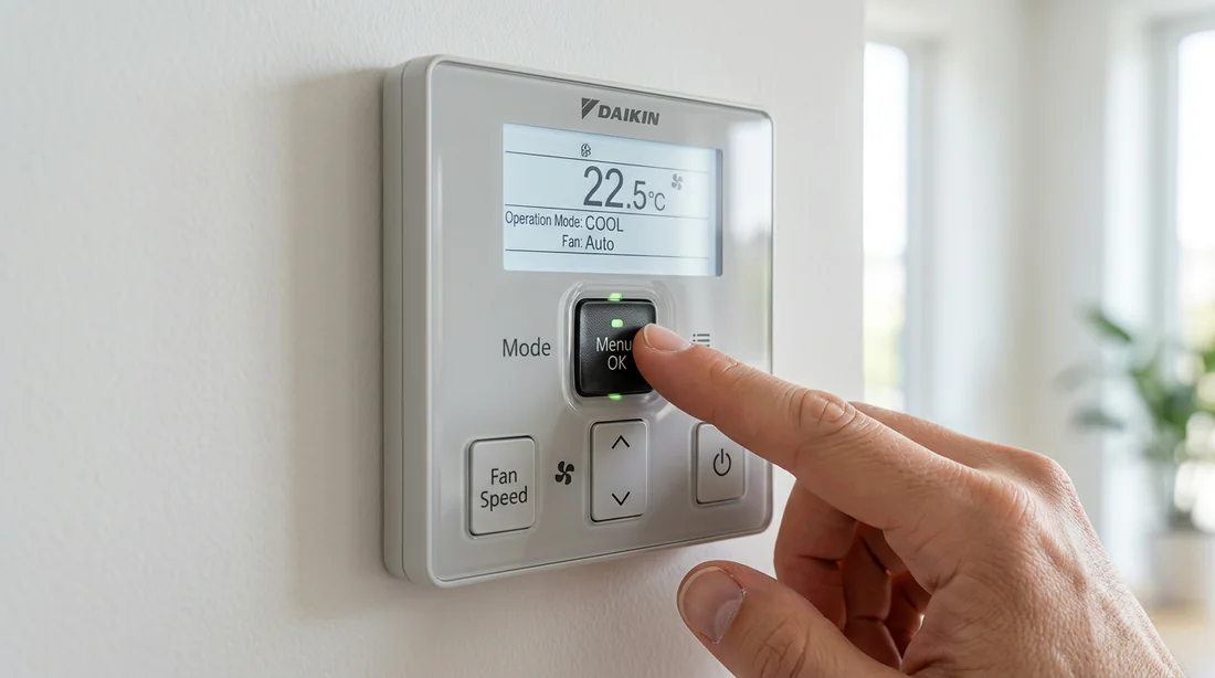 Procédure d'appui sur le bouton central de la télécommande Daikin pour le déverrouillage