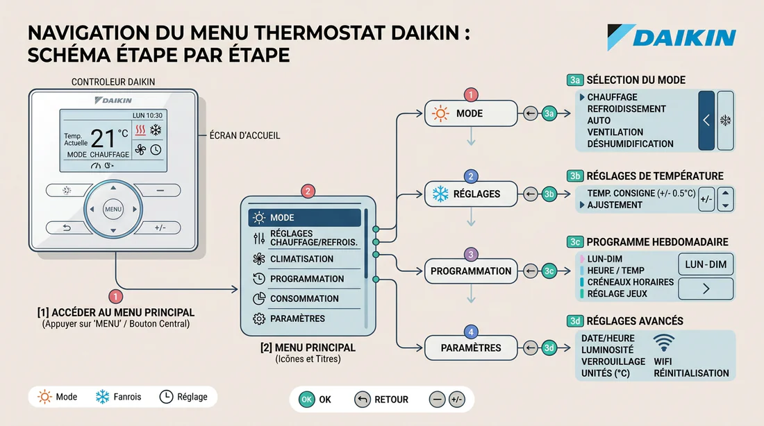 Schéma explicatif de la navigation dans le menu de configuration Daikin