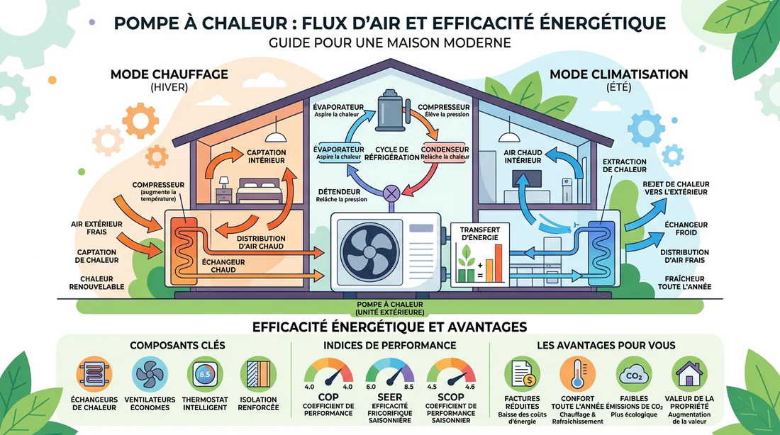 Schéma explicatif de l'efficacité énergétique d'un système de climatisation