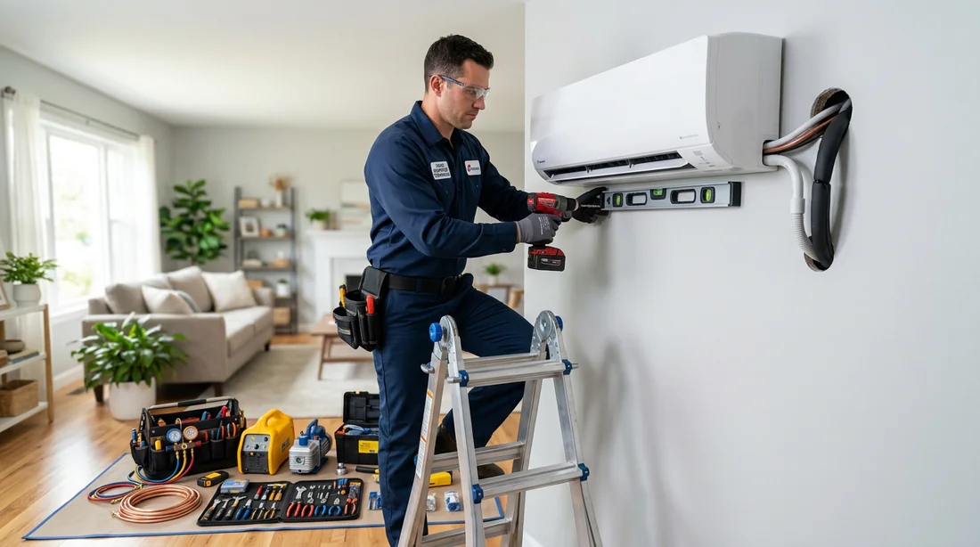 Technicien professionnel installant un climatiseur split sur un mur intérieur