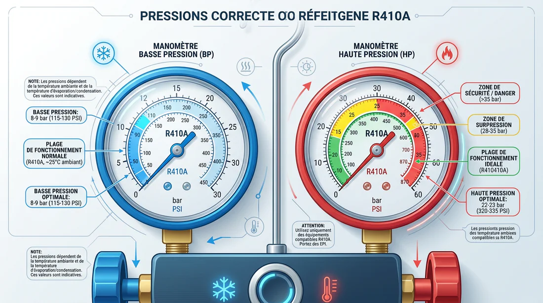 Infographie explicative des pressions normales du gaz R410A en bar et PSI