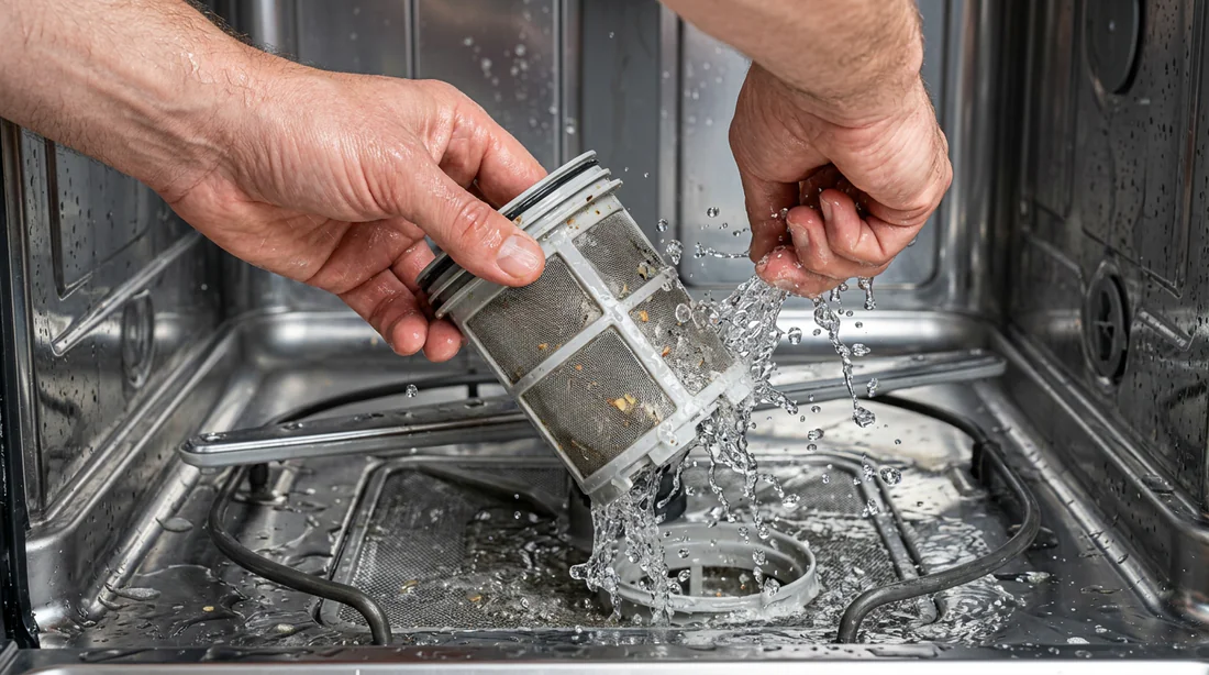 Nettoyage manuel du filtre intérieur d'un lave-vaisselle Whirlpool.