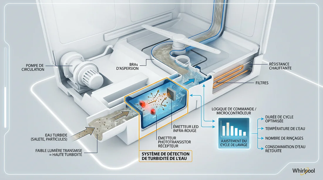 Schéma explicatif du fonctionnement des capteurs 6th Sense d'un lave-vaisselle Whirlpool.