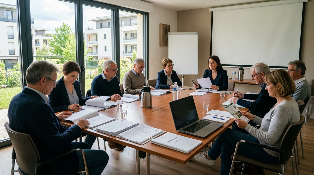 Assemblée générale de copropriété discutant de l'installation de climatisation