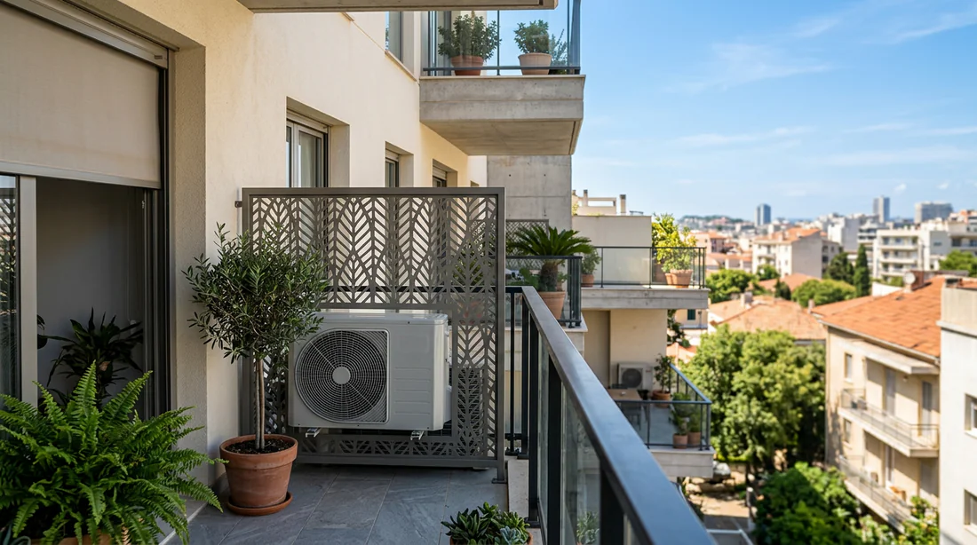 Installation conforme d'une unité de climatisation sur un balcon de copropriété