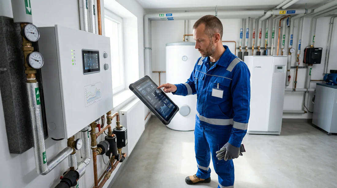 Technicien professionnel paramétrant le boîtier de régulation d'une pompe à chaleur