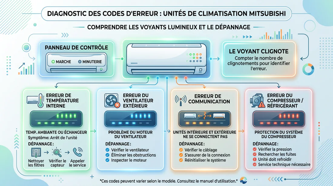 Infographie explicative des signaux lumineux et voyants clignotants d'une climatisation Mitsubishi