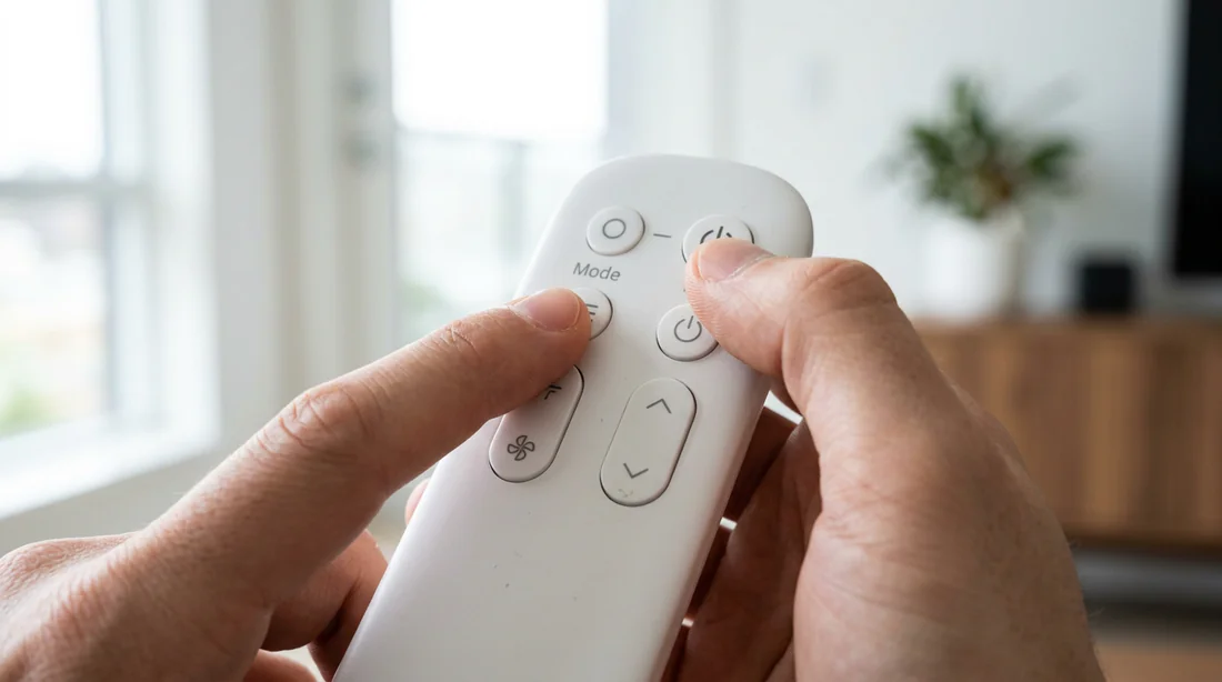 Mains appuyant simultanément sur les boutons de déverrouillage de la télécommande de clim
