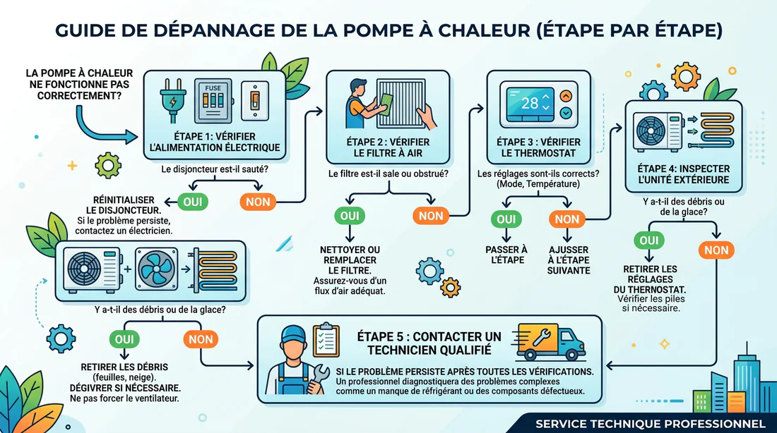 Infographie des étapes de diagnostic en cas de panne de pompe à chaleur