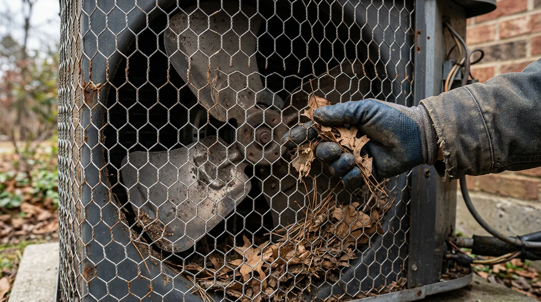 Grille d'unité extérieure de climatisation obstruée par des feuilles mortes