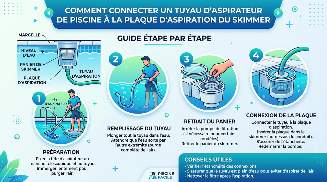 Schéma explicatif du branchement du tuyau d'aspirateur au skimmer de piscine