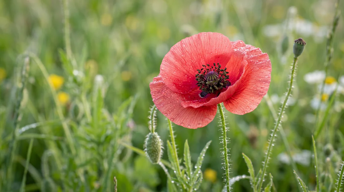 Gros plan sur une fleur de coquelicot rouge vif montrant ses pétales fins et ses étamines sombres
