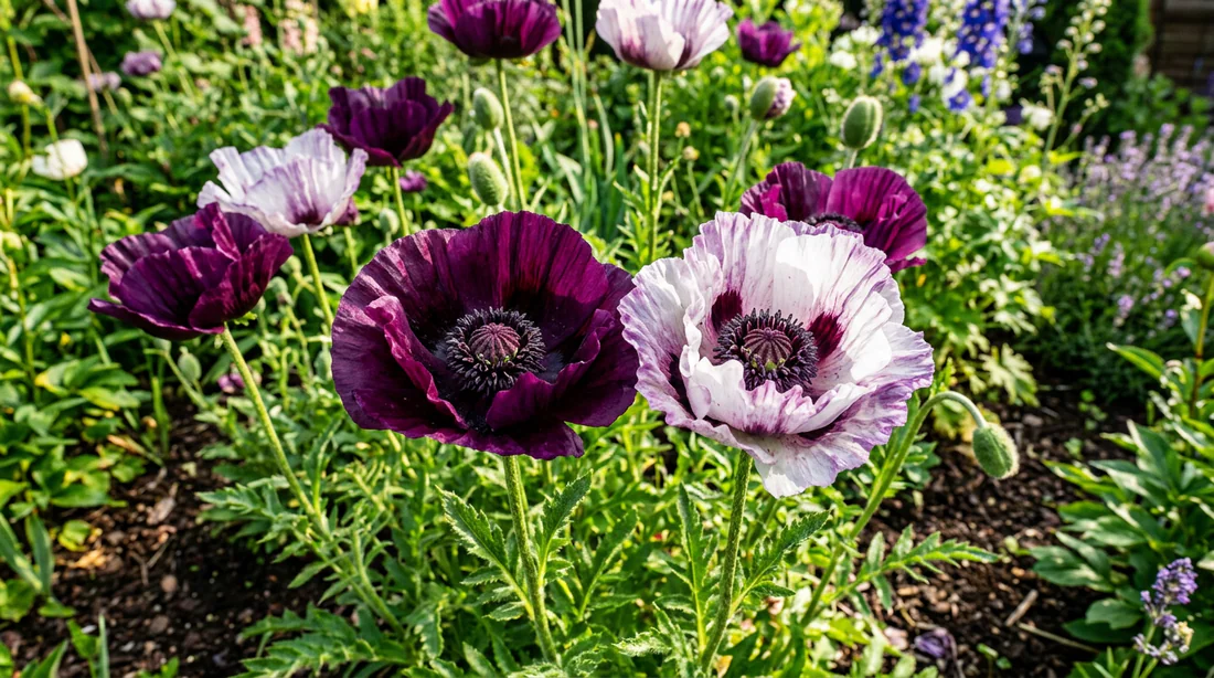 Massif de gros pavots d'Orient aux couleurs violettes et blanches dans un jardin ensoleillé