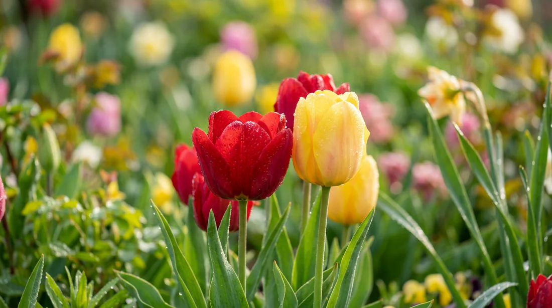 Gros plan sur des tulipes rouges et jaunes baignées de lumière naturelle dans un jardin