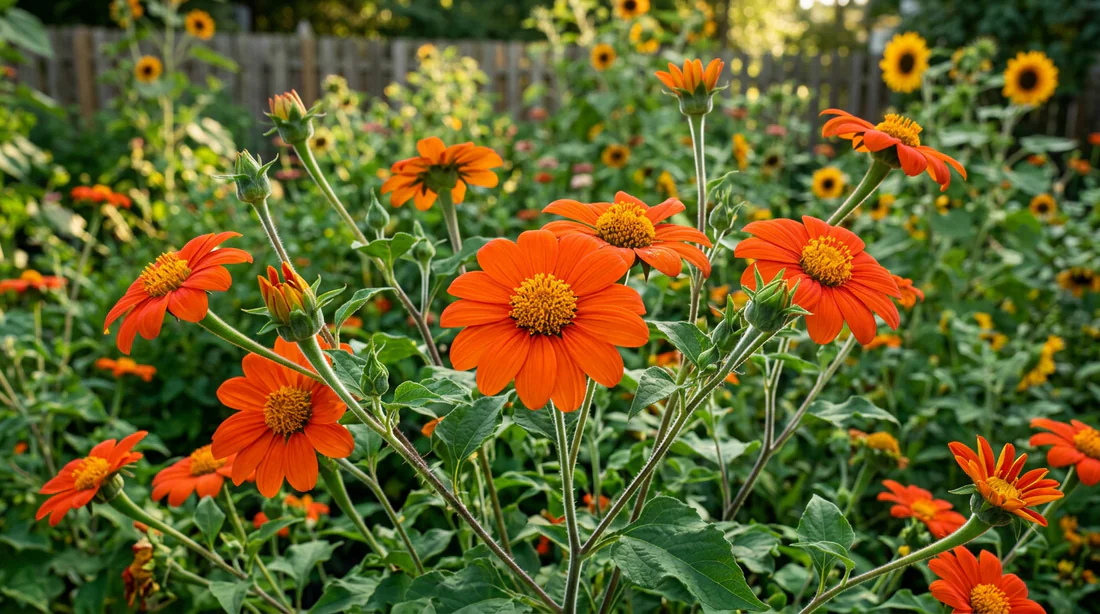Fleurs de Tithonia orange vif poussant dans un jardin botanique