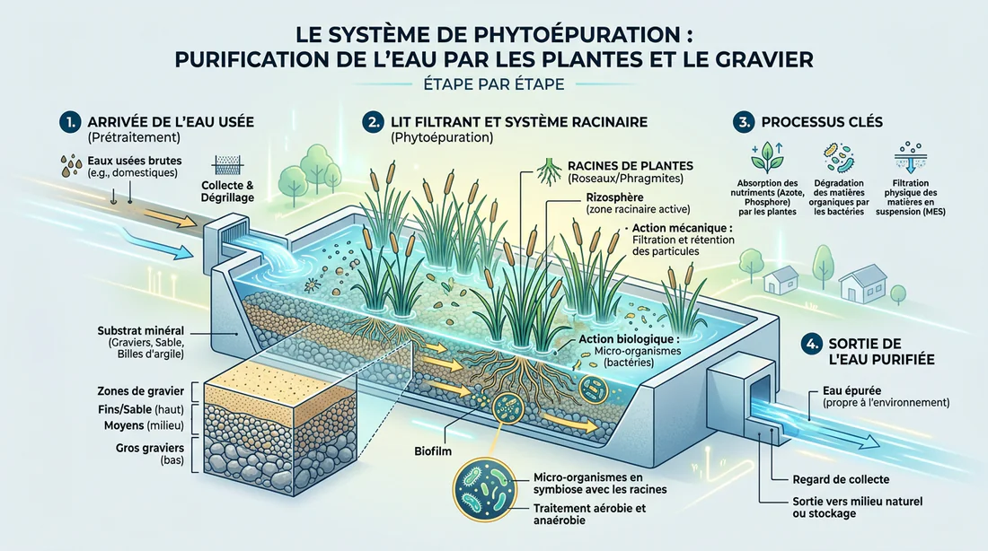 Schéma explicatif du fonctionnement de la phytoépuration pour le traitement des eaux usées