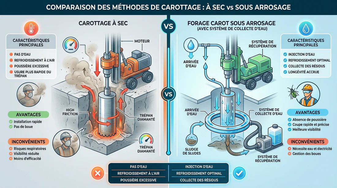Infographie comparative entre le carottage à sec et le carottage à eau