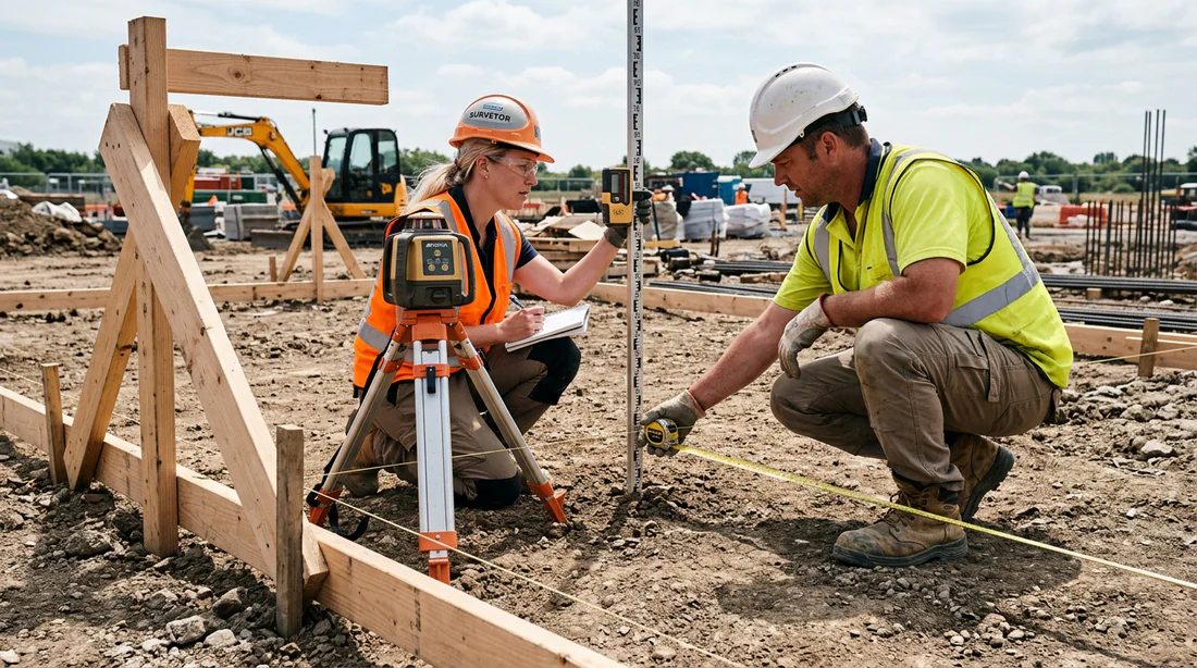 Ouvriers mesurant les angles et l'équerrage avec un niveau laser sur le chantier
