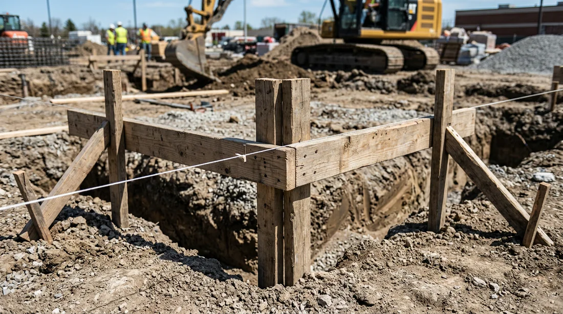 Vue d'ensemble d'une chaise d'implantation en bois installée sur terrain de construction