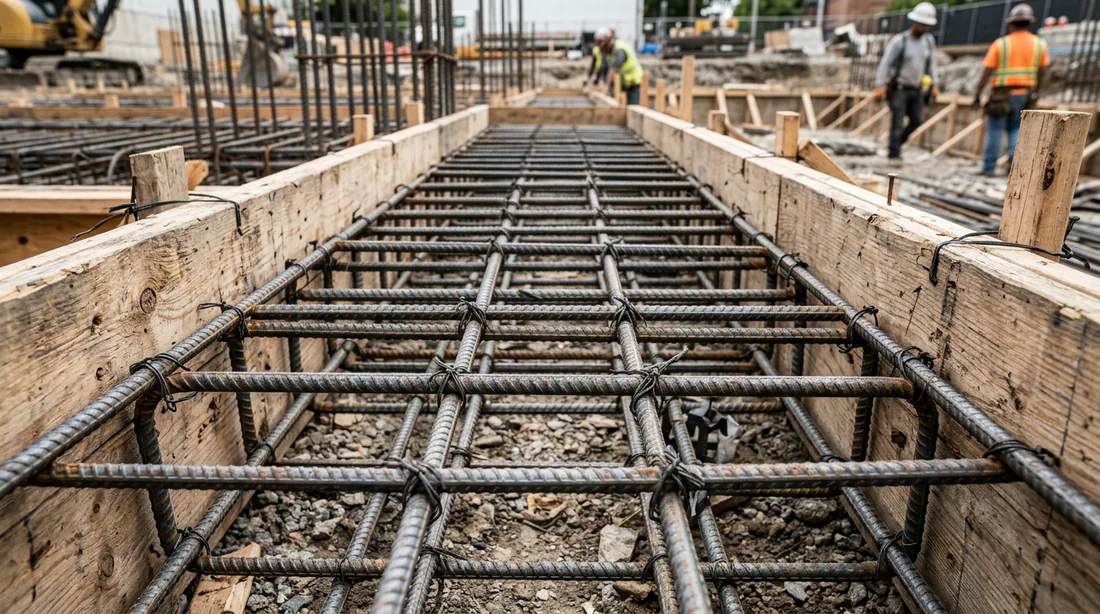 Ferraillage et armature en acier avant le coulage du béton pour le balcon