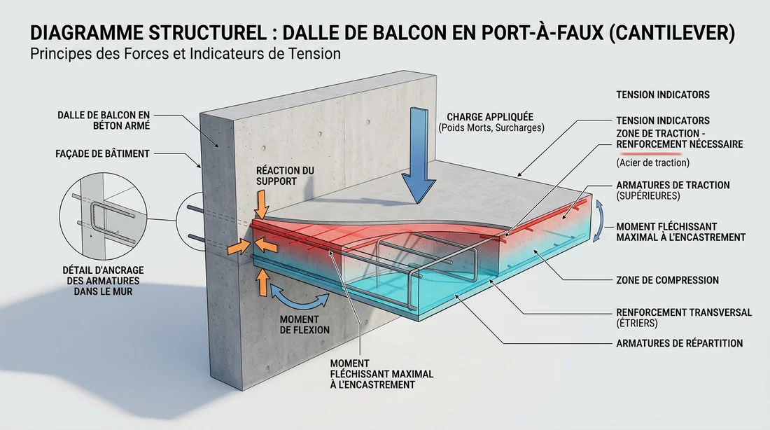 Schéma explicatif des principes de structure d'un balcon en porte-à-faux