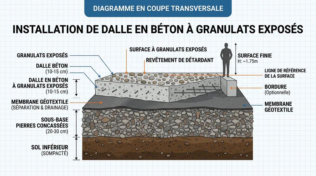Schéma de coupe des couches de structure d'une allée en béton désactivé