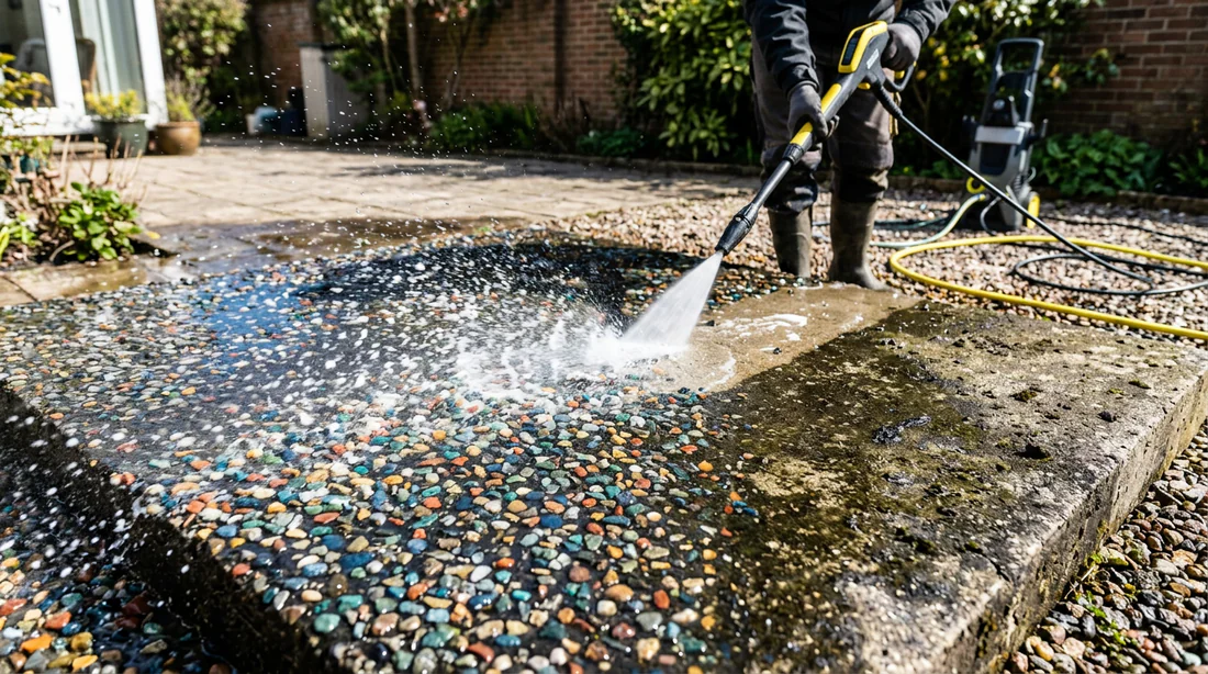 Lavage à haute pression pour faire apparaître les gravillons du béton désactivé
