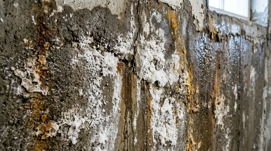Infiltration d'eau et efflorescence sur un mur de cave humide