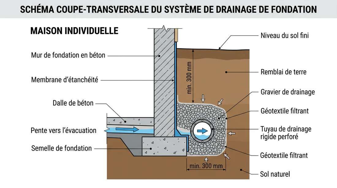Schéma explicatif de la pose d'un drain routier rigide avec géotextile et gravier
