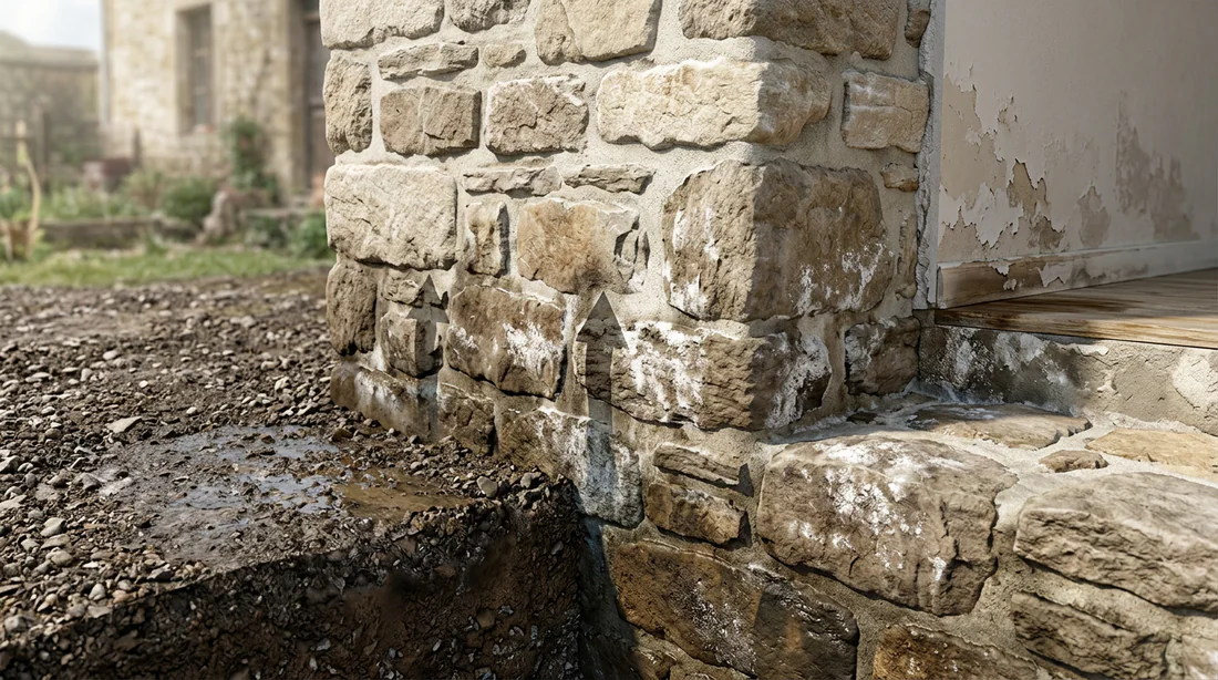 Infiltration d'humidité dans les fondations d'un mur en pierre