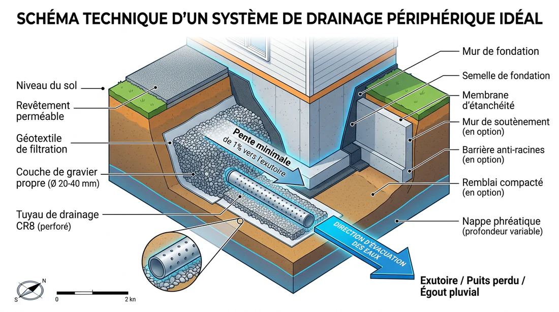 Schéma technique des couches de remblaiement du drain périphérique